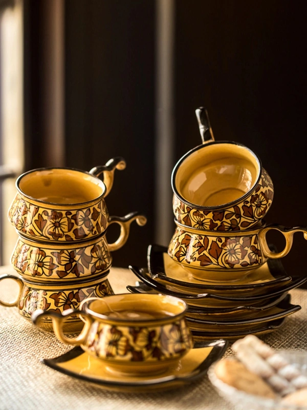 Set of 12 Mustard Yellow Handcrafted Cups & Saucers1999