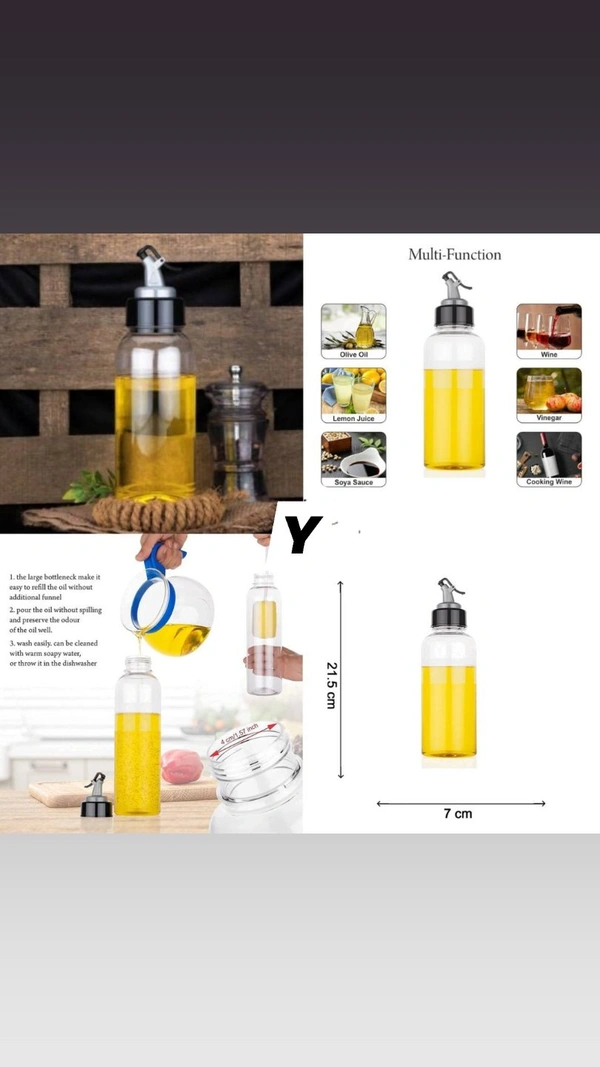 Oil Dispenser Capacity-500 mlMaterial-Plastic* Made of Premium Durable BPA Free, Food Grade and Rust Resistance Unbreakable Plastic Material.* Stylish Design And Easy To Use, Allow for Easy Controlled Pouring and Minimal Over Spilling.* Design For Precenting Leak Out and Keep Bottle Clear* Suitable for Storing Liquid Condiments Such as Most of Olive Oil, Vinegar, Red Wine, Pours Li