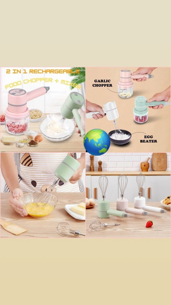 2 in 1 Rechargeable Food Chopper & Mixer•2 in 1 function, garlic masher and egg beater, 5 speed adjustable, can be processed according to the needs of different ingredients, easy to use, can be ground meat, mashed garlic, beaten eggs, and beaten food supplements•Food grade cup, 250ml is AS cup, 300ml is glass, stainless steel blade, sharp and fast•Whisk with 2 stirring rods, powerf