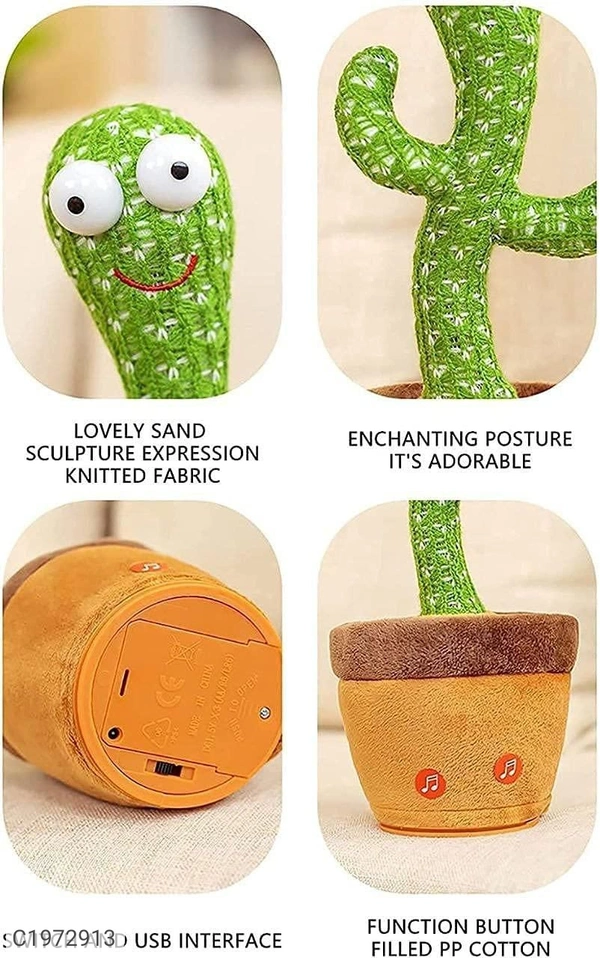 Product Name: Dancing Cactus Toy- Cactus musical Toy for kidsPackage Contains: It Has 1 piece of cactus toy Product Dimension:-32x11cm
Material: Cotton
Color: Colour as per availability
Combo/Set Of: Pack of 1
Additional Information: With the singing and humorous dancing, children's attention will be aroused and