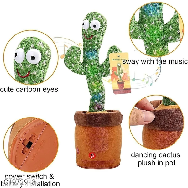 Product Name: Dancing Cactus Toy- Cactus musical Toy for kidsPackage Contains: It Has 1 piece of cactus toy Product Dimension:-32x11cm
Material: Cotton
Color: Colour as per availability
Combo/Set Of: Pack of 1
Additional Information: With the singing and humorous dancing, children's attention will be aroused and
