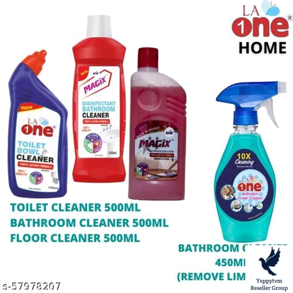 LA ONE TOILET CLEANER , SURFACE FLOOR CLEANER BATHROOM CLEANER (500ML EACH) AND SCALE REMOVER SPRAY CLEANER (450ML)Material: PlasticPack of: Pack Of 4Brand: OthersProduct Breadth: 24 CmProduct Height: 10 CmProduct Length: 15 CmPack of: Pack Of 4LA ONE HOME CARE helps you maintain a fresh, sparkling clean, germ-free,  hygienic , human safe cleaning . This combo products also elimina