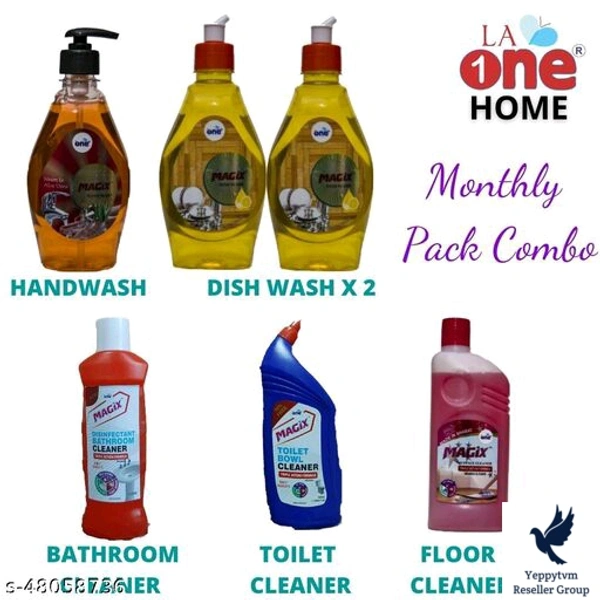 LA ONE TOILET CLEANER , SURFACE FLOOR CLEANER BATHROOM CLEANER (500ML EACH) AND SCALE REMOVER SPRAY CLEANER (450ML)Material: PlasticPack of: Pack Of 4Brand: OthersProduct Breadth: 24 CmProduct Height: 10 CmProduct Length: 15 CmPack of: Pack Of 4LA ONE HOME CARE helps you maintain a fresh, sparkling clean, germ-free,  hygienic , human safe cleaning . This combo products also elimina