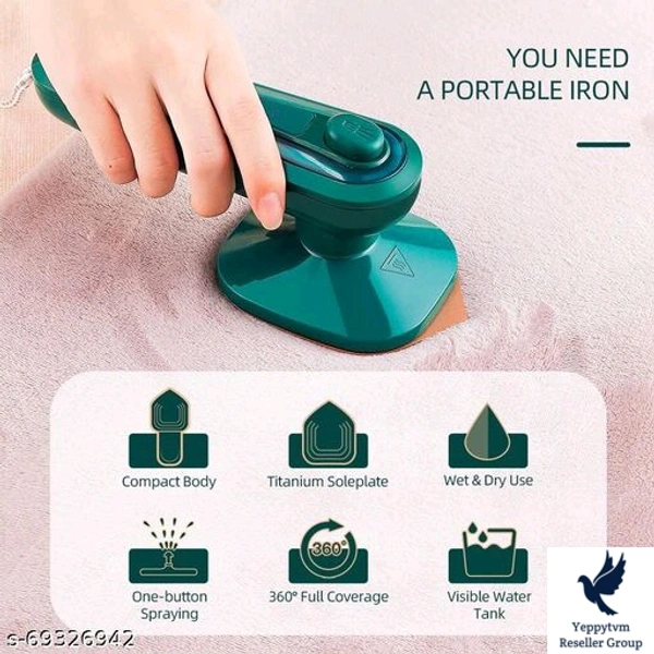 Portable Handheld Steam Iron Mini Travel Iron Fabric Garment Iron Spray: NoSteam Burst: NoType: Travel IronsPower Consumption: 1000 - 2000 WProduct Breadth: 10.5 CmProduct Height: 1.5 CmProduct Length: 10.5 CmPack Of: Pack Of 1Description: Handheld steam iron can easily ironing cloes, curtains, sheets, pillowcases, etc., in particular, e need for vertical ironing clo es (such as su