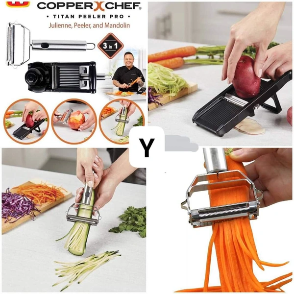 Titan Peeler ProExperience effortless peeling and slicing with the Copper Chef Titan Peeler Pro. This dual-bladed peeler has one blade for standard peeling and another blade to julienne. It's super sharp, yet gentle enough to use on delicate vegetables and fruits, due to the micro-blade technology in its design. The peeling blade has tiny teeth, and the julienning blade has 16 mini