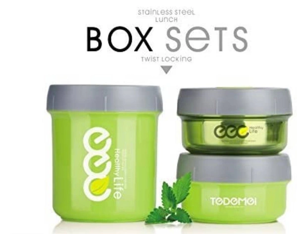 Lunch Box Set•These 3-in-1 food-grade lunch box set has an extra-durable no-leak silicone lining in the lid and twist lock to keep that lid on tight!•The lunch box set features a convenient silicone air hole plug on lids to keep food fresh. A closed plug aerates the food inside•The food tastes just the way it should. Food remains hot inside the containers, PP body insulates the con