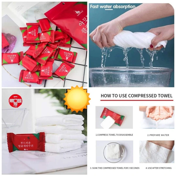 Compressed Tissue•The mini towel is made of cotton, lightweight and soft enough for a baby’s skin, comfortable, safe and tasteless. •Both adults and children are suitable.•Reusable-Each travel towel is individually wrapped and easy to carry. Set of 20pcsPrice-210₹(for 20pcs)