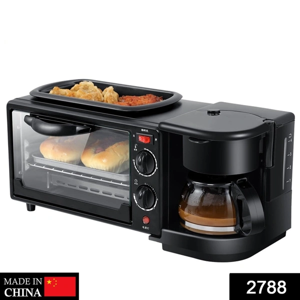 3 IN 1 BREAKFAST MAKER PORTABLE TOASTER OVEN, GRILL PAN & COFFEE MAKER FULL BREAKFAST READY AT ONE GO