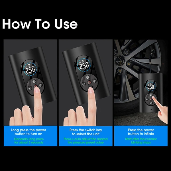 Multipurpose InflationFill up any kind of vehicle or object with the multipurpose Tire Inflator! Comes with 2 adapters, allowing you to fill up cars, bikes, and even sports equipment!Power bank functionThe Tire Inflator can double as a power bank, allowing you to charge your devices!Instructions for usage1. Screw the gas tube to the main body2. Attach the air hose to the valve stem