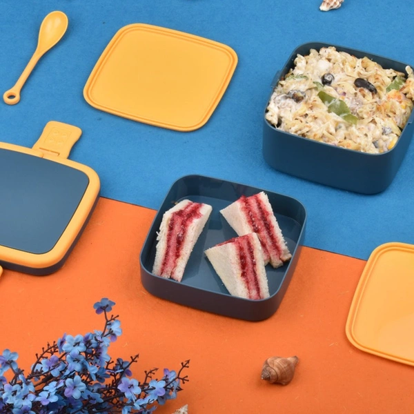 BLUE DOUBLE-LAYER PORTABLE LUNCH BOX STACKABLE WITH CARRYING HANDLE AND SPOON LUNCH BOX
