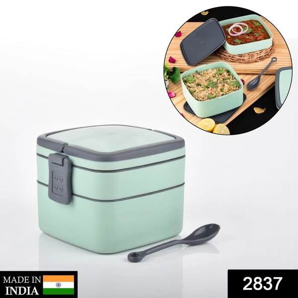 BLUE DOUBLE-LAYER PORTABLE LUNCH BOX STACKABLE WITH CARRYING HANDLE AND SPOON LUNCH BOX