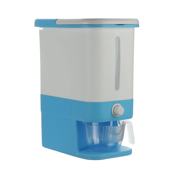 RICE DISPENSER APPROX 10KG STORAGE CAPACITY. GRAIN STORAGE CONTAINER WITH METERING CYLINDER WITH LID AUTOMATIC RICE STORAGEDescription :-Keep away from moisture and dust. This storage can better protect the freshness and dryness of food. Very suitable for rainy cities. No more spills and food going spoil from possible kitchen’s critters, and protect your household’s food.The cereal - Blue  & pink , 10