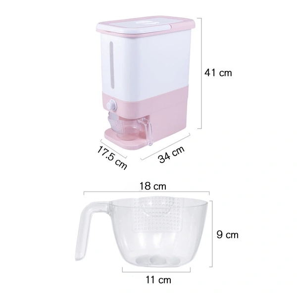 RICE DISPENSER APPROX 10KG STORAGE CAPACITY. GRAIN STORAGE CONTAINER WITH METERING CYLINDER WITH LID AUTOMATIC RICE STORAGEDescription :-Keep away from moisture and dust. This storage can better protect the freshness and dryness of food. Very suitable for rainy cities. No more spills and food going spoil from possible kitchen’s critters, and protect your household’s food.The cereal - Blue  & pink , 10