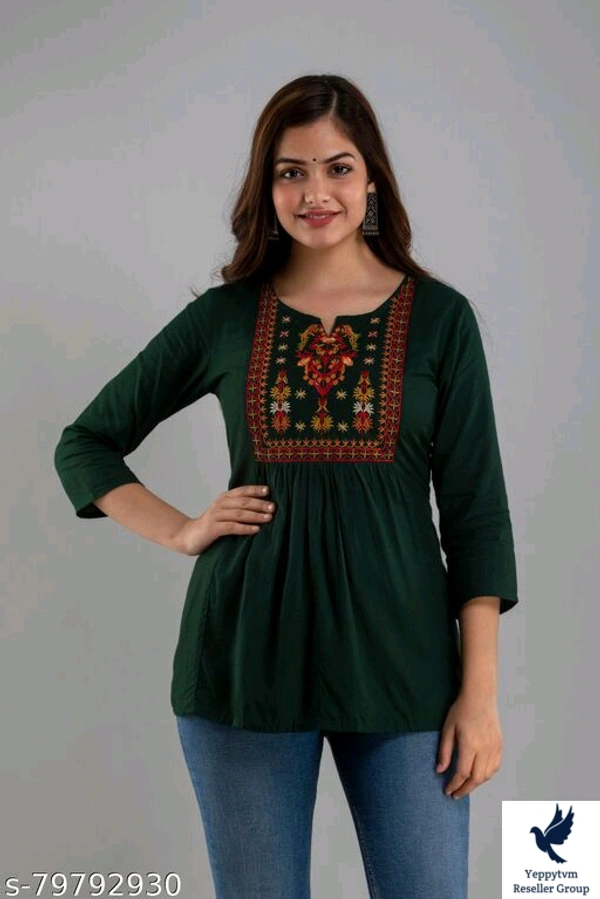 VIRAHA Women Embroidered Regular Sleeve Green topFabric: RayonSleeve Length: Three-Quarter SleevesPattern: EmbroideredNet Quantity (N): 1Sizes:S, M, L, XL, XXLVIRAHA Women Embroidered Regular Sleeve Green topCountry of Origin: India 600