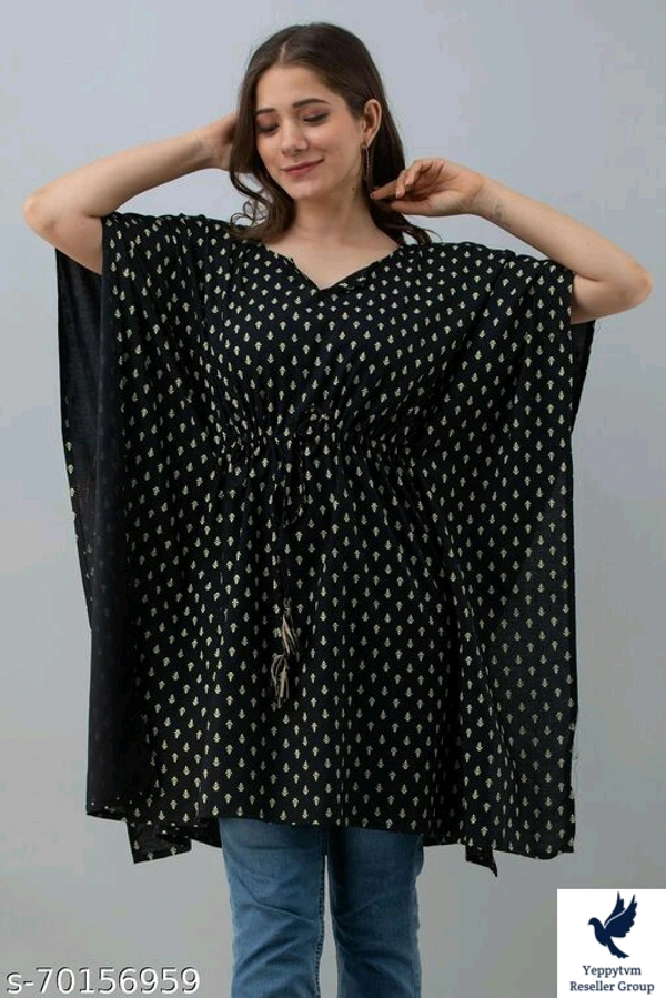 Stylish Rayon Printed Navy Blue women Kaftan TopFabric: RayonSleeve Length: Three-Quarter SleevesPattern: PrintedNet Quantity (N): 1Sizes:S (Bust Size: 36 in) M (Bust Size: 38 in) L (Bust Size: 40 in) XL (Bust Size: 42 in) XXL (Bust Size: 44 in) XXXL (Bust Size: 46 in) Stylish Rayon Printed Navy Blue women Kaftan TopCountry of Origin: India 520