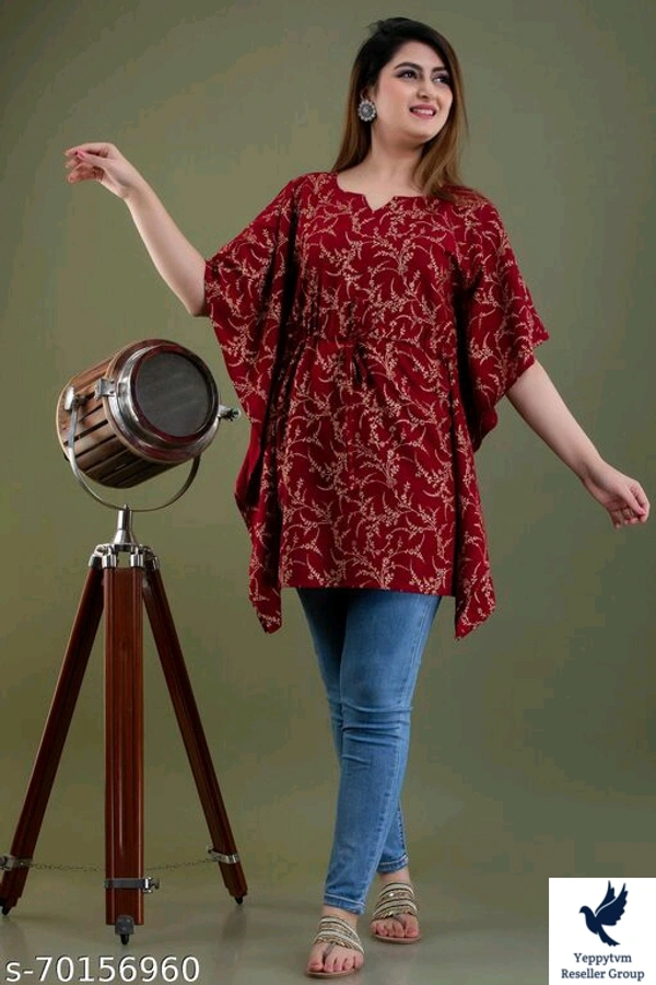 Stylish Rayon Printed Navy Blue women Kaftan TopFabric: RayonSleeve Length: Three-Quarter SleevesPattern: PrintedNet Quantity (N): 1Sizes:S (Bust Size: 36 in) M (Bust Size: 38 in) L (Bust Size: 40 in) XL (Bust Size: 42 in) XXL (Bust Size: 44 in) XXXL (Bust Size: 46 in) Stylish Rayon Printed Navy Blue women Kaftan TopCountry of Origin: India 520