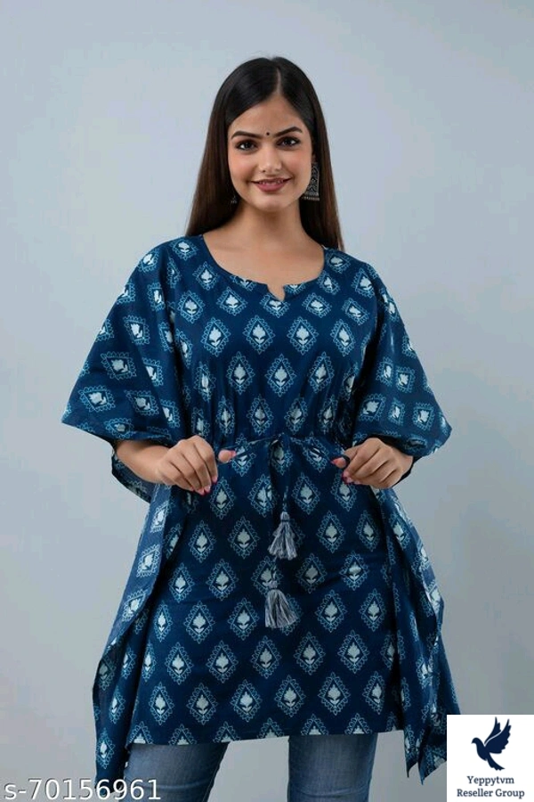 Stylish Rayon Printed Navy Blue women Kaftan TopFabric: RayonSleeve Length: Three-Quarter SleevesPattern: PrintedNet Quantity (N): 1Sizes:S (Bust Size: 36 in) M (Bust Size: 38 in) L (Bust Size: 40 in) XL (Bust Size: 42 in) XXL (Bust Size: 44 in) XXXL (Bust Size: 46 in) Stylish Rayon Printed Navy Blue women Kaftan TopCountry of Origin: India 520