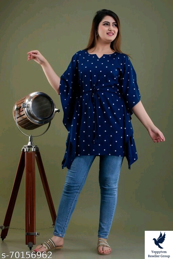 Stylish Rayon Printed Navy Blue women Kaftan TopFabric: RayonSleeve Length: Three-Quarter SleevesPattern: PrintedNet Quantity (N): 1Sizes:S (Bust Size: 36 in) M (Bust Size: 38 in) L (Bust Size: 40 in) XL (Bust Size: 42 in) XXL (Bust Size: 44 in) XXXL (Bust Size: 46 in) Stylish Rayon Printed Navy Blue women Kaftan TopCountry of Origin: India 520