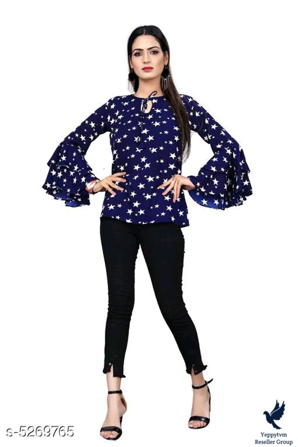 Women's Printed Navy Blue Crepe TopName: Women's Printed Navy Blue Crepe TopFabric: CrepeSleeve Length: Three-Quarter SleevesPattern: PrintedNet Quantity (N): 1Sizes:S, M (Bust Size: 38 in, Length Size: 28 in) L (Bust Size: 40 in, Length Size: 28 in) XL (Bust Size: 42 in, Length Size: 28 in) XXL (Bust Size: 44 in, Length Size: 28 in) 400