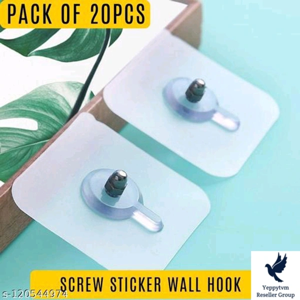 SCREW STICKER WALL HOOK (Pack of 10)Name: SCREW STICKER WALL HOOK (Pack of 10)Material: PlasticLoad Capacity: 3000gmMount Mechanism: StickerNumber Of Hooks: 110Pcs Set Stainless Steel, PVC; Non-trace Paster Dimensions: nail size for your choose transparent nail make your home beauty and clean.Country of Origin: India
