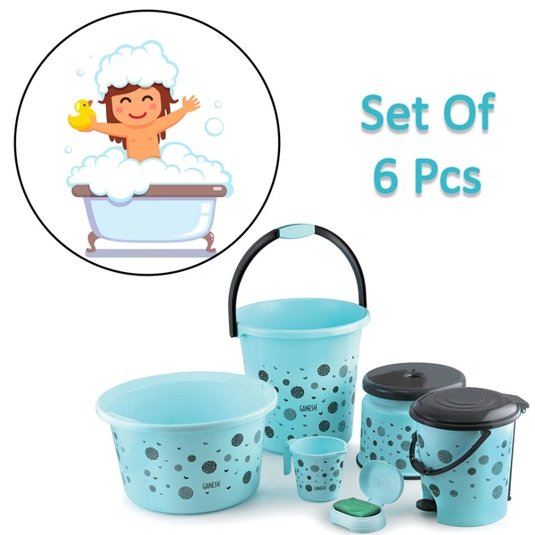Only  On Day  PLASTIC BATHROOM ACCESSORIES SET 6 PCS BATH SET BATHROOM BUCKET WITH DUSTBIN MUG, STOOL, SOAP CASE,TUB
