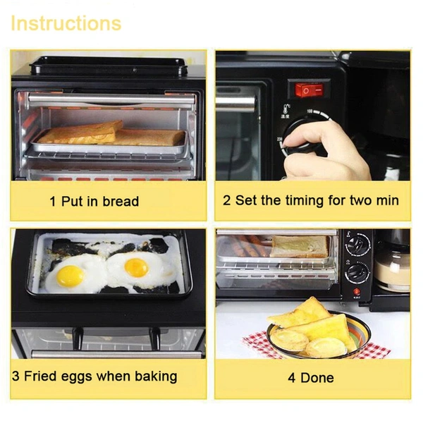3 IN 1 BREAKFAST MAKER PORTABLE TOASTER OVEN, GRILL PAN & COFFEE MAKER FULL BREAKFAST READY AT ONE GO