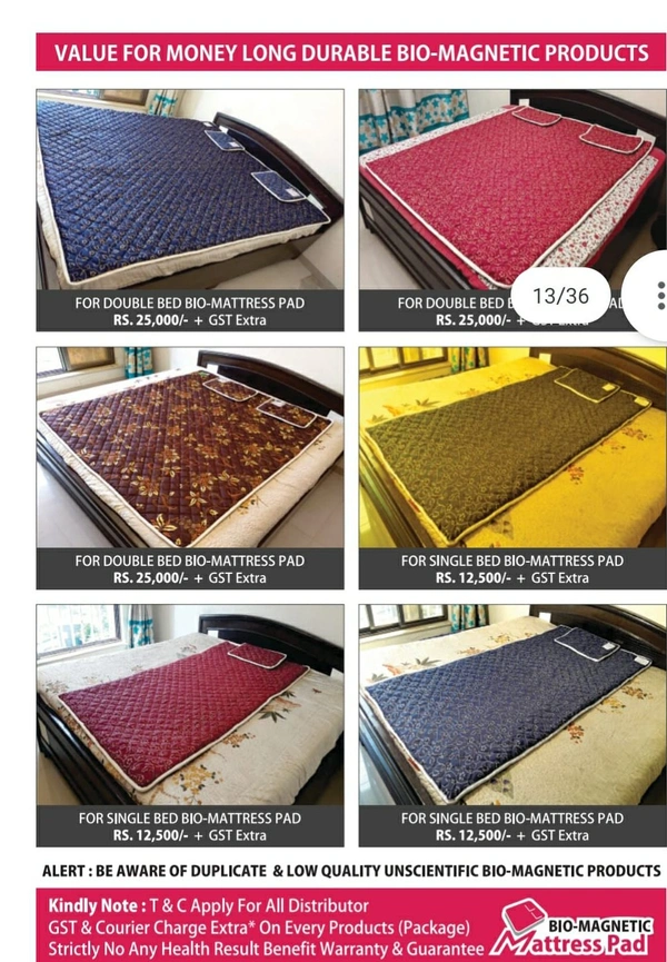 Bio magnetic mattress pad Rs 14,900Water nergy pad 2, wrist band 2, 6 by 5 Double bed (or 6 by 3 2 pieces) , 2 pillows)Combo  pack