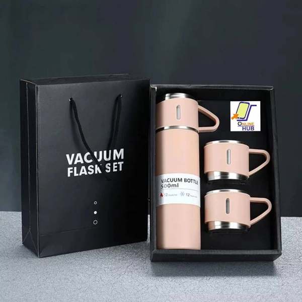  Flask cup gift set**500 ml steel flask(1pc)**apprx 160 ml steel cup(3 pcs)*(RANDOM COLOUR)*with gift handle paper carry bag*