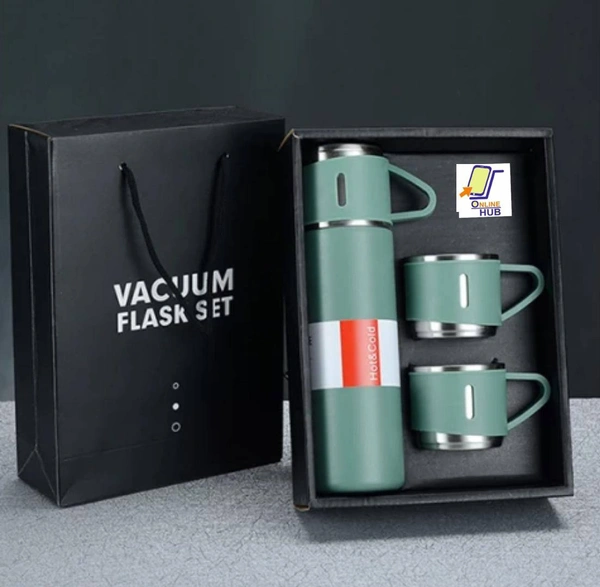  Flask cup gift set**500 ml steel flask(1pc)**apprx 160 ml steel cup(3 pcs)*(RANDOM COLOUR)*with gift handle paper carry bag*
