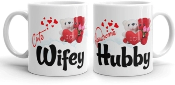 Ridhi Sidhi Design Wifey Hubby Printed Couple Coffee Tea Cup for Husband, Wife On Marriage, Anniversary, Birthday ( Ceramic Coffee (330 ml, Pack of 2)