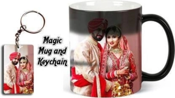 RichChoice Personalized Photo and Text Ceramic / Cup For Birthday , Anniversary Gift Magic + KEYCHAIN Ceramic Coffee (330 ml, Pack of 2) Ceramic Coffee Mug