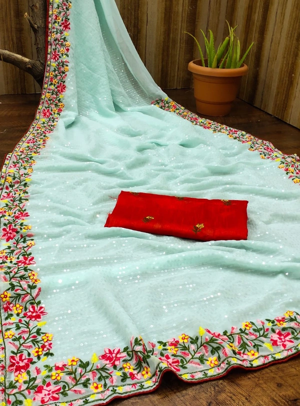 ⭐ *BOLLYWOOD STAR COLLECTION* ⭐⭐⭐Dress like film starts and fashion models ⭐⭐*FABRIC DETAILS* ⭐CLOTH OF BEST QUALITY Georgette fabricEmbroidery detailsHeavy Embroidery multy sequence (5MM) Work done on sareeBLOUSE OF Satin Banglori SILk with embroidery work LOOK GLAMOUROUS, STAY BEAUTIFUL* ⭐