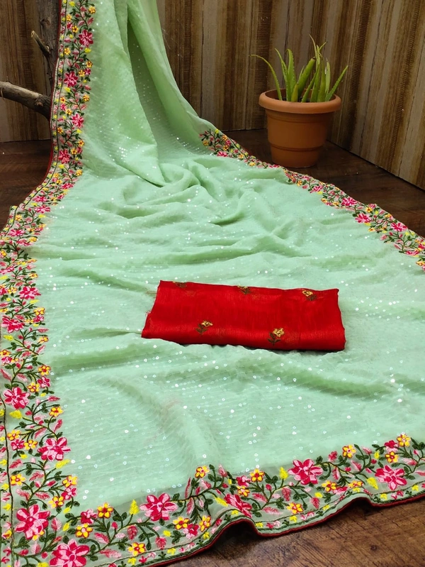 ⭐ *BOLLYWOOD STAR COLLECTION* ⭐⭐⭐Dress like film starts and fashion models ⭐⭐*FABRIC DETAILS* ⭐CLOTH OF BEST QUALITY Georgette fabricEmbroidery detailsHeavy Embroidery multy sequence (5MM) Work done on sareeBLOUSE OF Satin Banglori SILk with embroidery work LOOK GLAMOUROUS, STAY BEAUTIFUL* ⭐