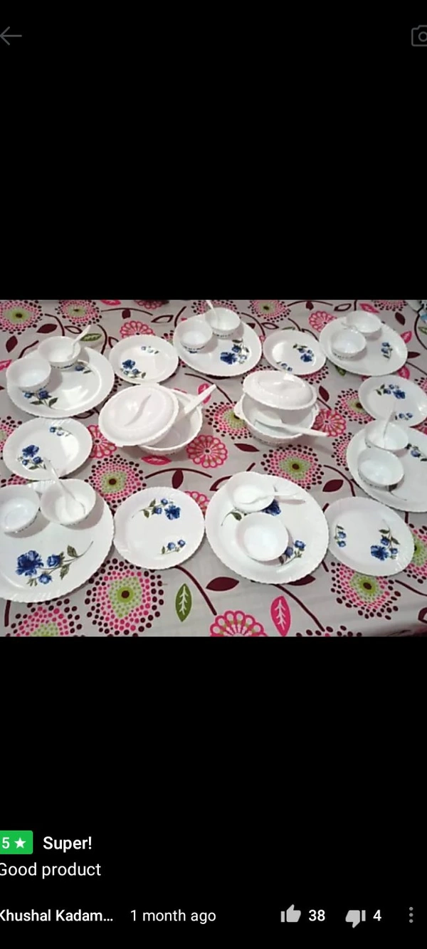 KTART Pack of 36 Plastic DINNER SET(36 PCS) Dinner SetMade of: PlasticSales Package: 6 Full Plates, 6 small plates, 12 Veg Bowls, 2 Serving Spoons, 6 Spoons, 3 Serving Bowls with Air tight LidsPack of: 36Microwave SafeDiameter: 10 inch7 Days Return Policy, No questions asked.