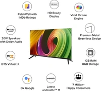Mi 5A 80 cm (32 inch) HD Ready LED Smart Android TV with Dolby Audio (2022 Model)Display Size: 32, 40, 43Launch Year: 2019, 2022Supported Apps: Netflix|Prime Video|Disney+Hotstar|YoutubeOperating System: Android (Google Assistant & Chromecast in-built)Resolution: HD Ready 1366 x 768 PixelsSound Output: 20 WRefresh Rate: 60 Hz10 Days Replacement Policy, No questions asked. - 32 inch