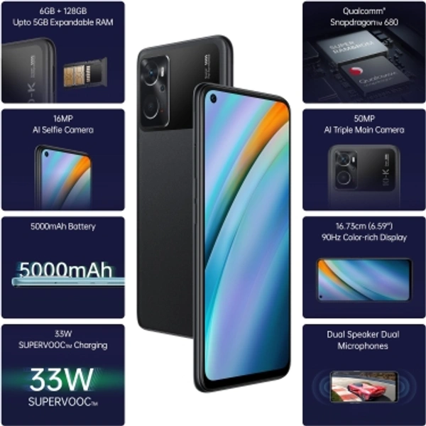 OPPO K10 (Black Carbon, 128 GB)Color: Black Carbon, Blue FlameRAM: 6 GB, 8 GB6 GB RAM | 128 GB ROM | Expandable Upto 1 TB16.74 cm (6.59 inch) Full HD+ Display50MP + 2MP + 2MP | 16MP Front Camera5000 mAh Lithium Ion BatteryQualcomm Snapdragon 680 Processor33W SUPERVOOC Charger | Dual Speaker | Super Adaptive Refresh RateAI Photo Suite | OPPO Glow Design with Dirt and Scratch Resista