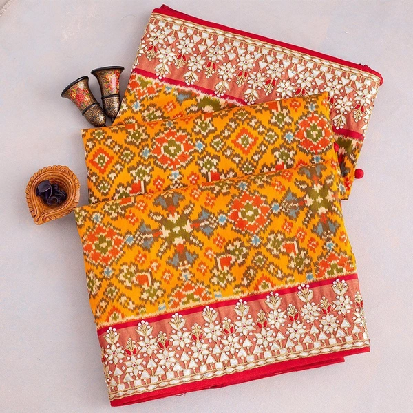π§΅ *SAREE :- Heavy Vichitra Silk With Beautiful Patola Digital Print And Embroidery Gota Patti + Sequence On Border Work*π§΅ *BLOUSE :- Banglory Silk With Same As Saree Border Design On Blouse Sleeves Work*π¨ _*NOTE :- Blouse Unstitched*_ * πΈπ§π» *Once Give Opportunity, Coustomer Satisfaction Is Our Goal* - 2