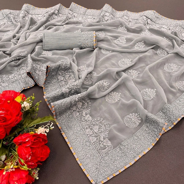 New Launching👉🏻Fabric:-*Georgette* saree with Full Saree Embroidery work👉🏻Blouse:-Satin Banglori with embroidered work            🌹Saree 5.5 MTR and 0.80 MTR Contrast Matching Blouse👉🏻BEST RATE & BEST QULITY ALWAYSReady to ship