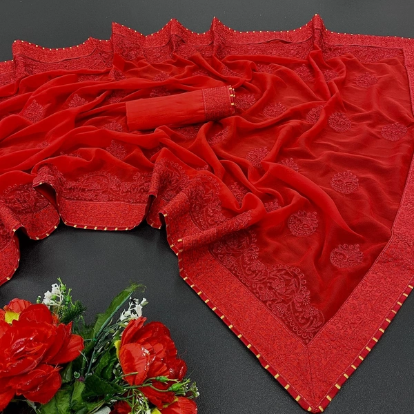 New Launching👉🏻Fabric:-*Georgette* saree with Full Saree Embroidery work👉🏻Blouse:-Satin Banglori with embroidered work            🌹Saree 5.5 MTR and 0.80 MTR Contrast Matching Blouse👉🏻BEST RATE & BEST QULITY ALWAYSReady to ship