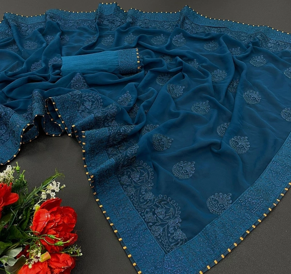 New Launching👉🏻Fabric:-*Georgette* saree with Full Saree Embroidery work👉🏻Blouse:-Satin Banglori with embroidered work 🌹Saree 5.5 MTR and 0.80 MTR Contrast Matching Blouse👉🏻BEST RATE & BEST QULITY ALWAYSReady to ship