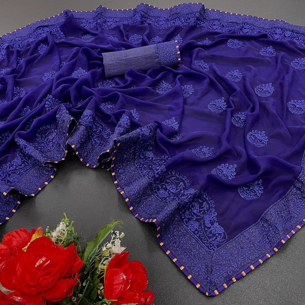 New Launching👉🏻Fabric:-*Georgette* saree with Full Saree Embroidery work👉🏻Blouse:-Satin Banglori with embroidered work            🌹Saree 5.5 MTR and 0.80 MTR Contrast Matching Blouse👉🏻BEST RATE & BEST QULITY ALWAYSReady to ship