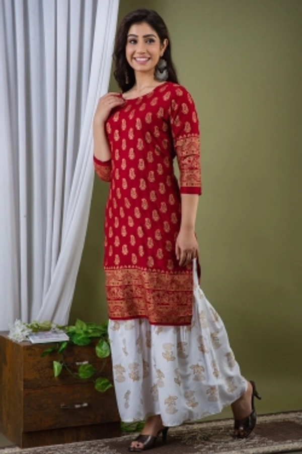 Surhi Women Kurta and Sharara SetViscose Rayon Fabric3/4 SleevePaisley PatternColor: Red - L