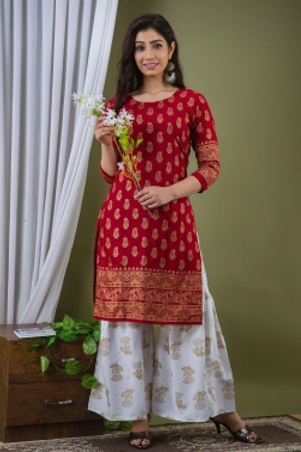 Surhi Women Kurta and Sharara SetViscose Rayon Fabric3/4 SleevePaisley PatternColor: Red