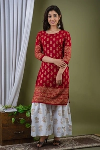 Surhi Women Kurta and Sharara SetViscose Rayon Fabric3/4 SleevePaisley PatternColor: Red - XL