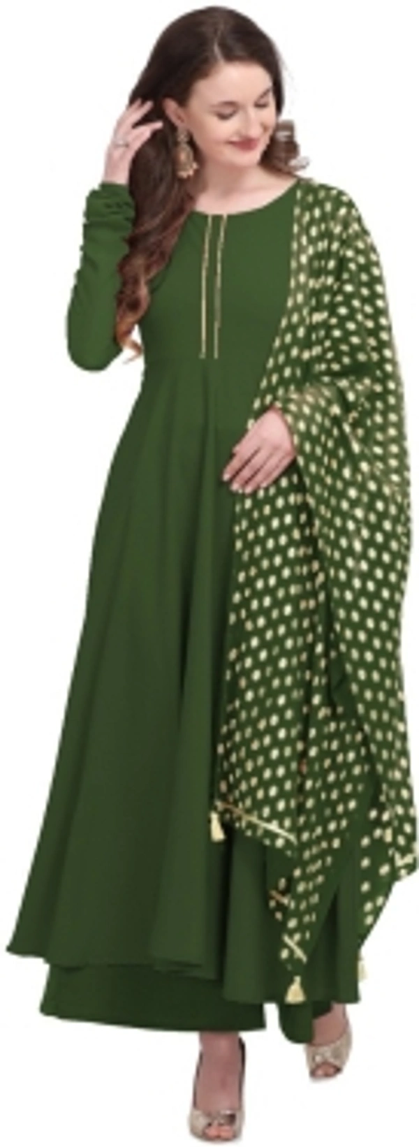 THE FAB FACTORY Women Kurta and Dupatta SetGeorgette, Crepe FabricFull SleeveSolid PatternColor: Green, GoldFor Women10 Days Return Policy, No questions asked. - L