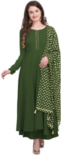 THE FAB FACTORY Women Kurta and Dupatta SetGeorgette, Crepe FabricFull SleeveSolid PatternColor: Green, GoldFor Women10 Days Return Policy, No questions asked. - L