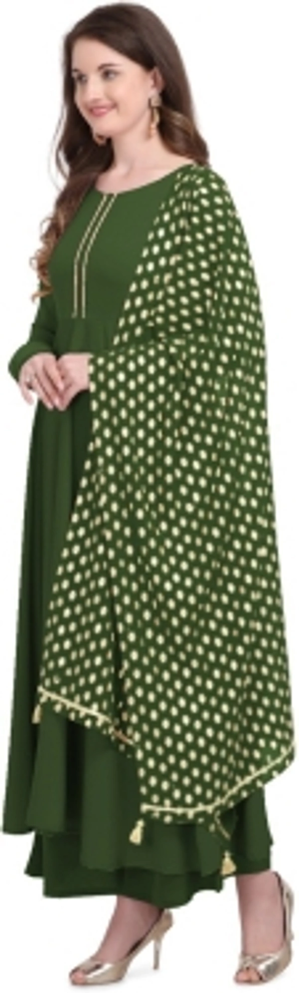 THE FAB FACTORY Women Kurta and Dupatta SetGeorgette, Crepe FabricFull SleeveSolid PatternColor: Green, GoldFor Women10 Days Return Policy, No questions asked. - L