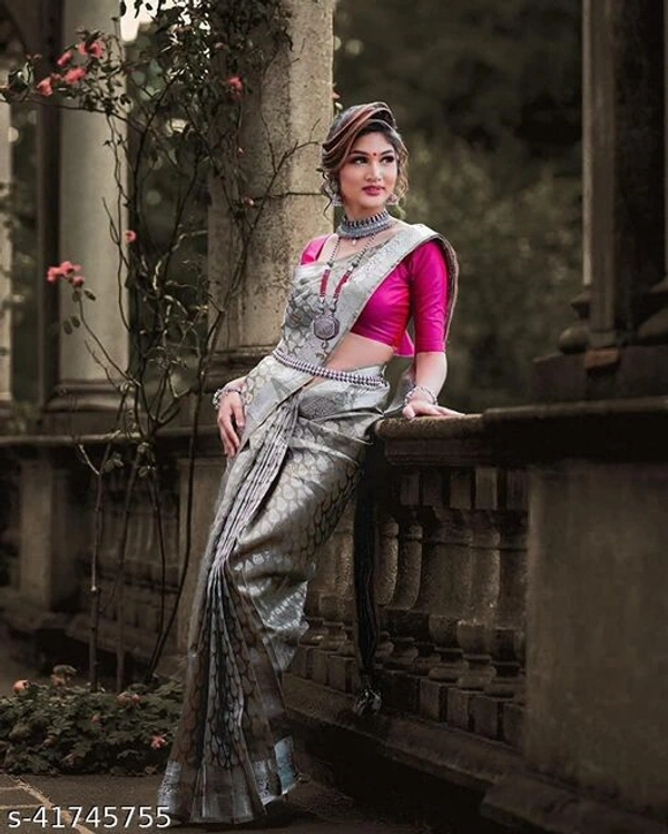 Designer Beautiful Banarsi Saree with Blouse Piece for WomenName: Designer Beautiful Banarsi Saree with Blouse Piece for WomenSaree Fabric: Banarasi SilkBlouse: Separate Blouse PieceBlouse Fabric: Banarasi SilkPattern: Zari WovenBlouse Pattern: SolidNet Quantity (N): SingleGREY Designer Traditional Banarasi Silk Sari With Pink Attached Blouse. Barik jacquard Design.Paired with a ma