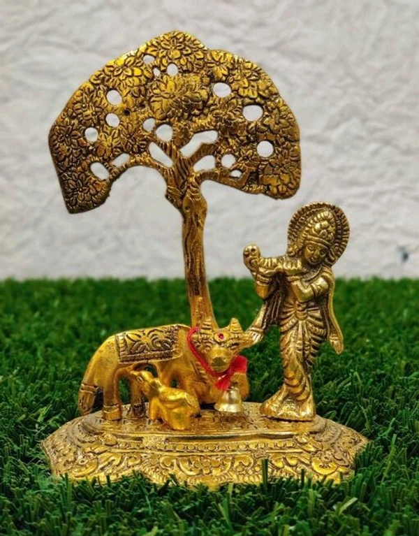 Metal Krishna with Cow Standing Under Tree Plying Flute Decorative Showpiece