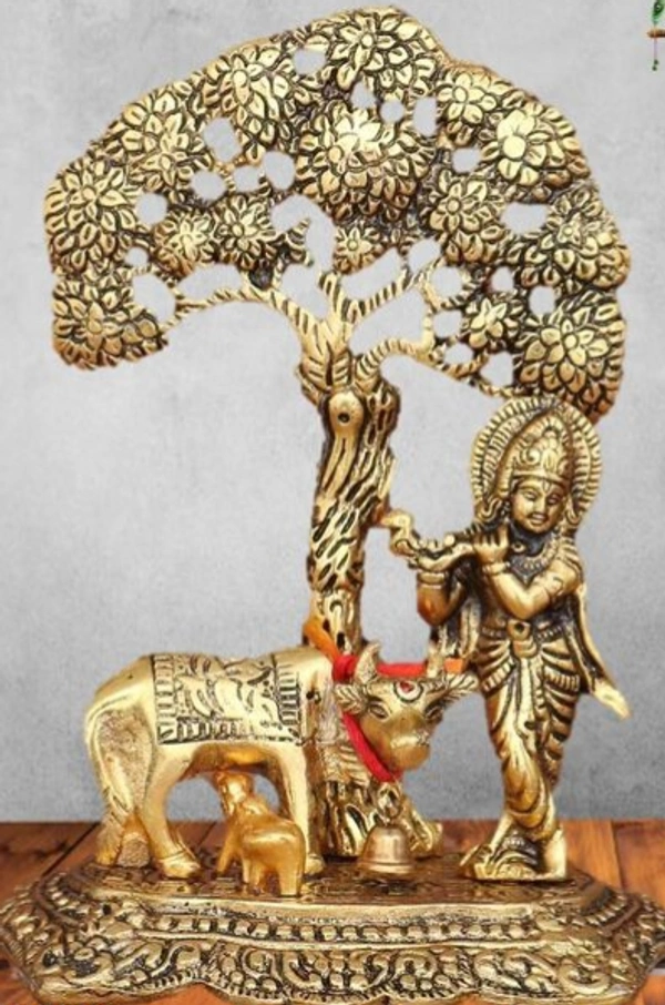 Metal Krishna with Cow Standing Under Tree Plying Flute Decorative Showpiece